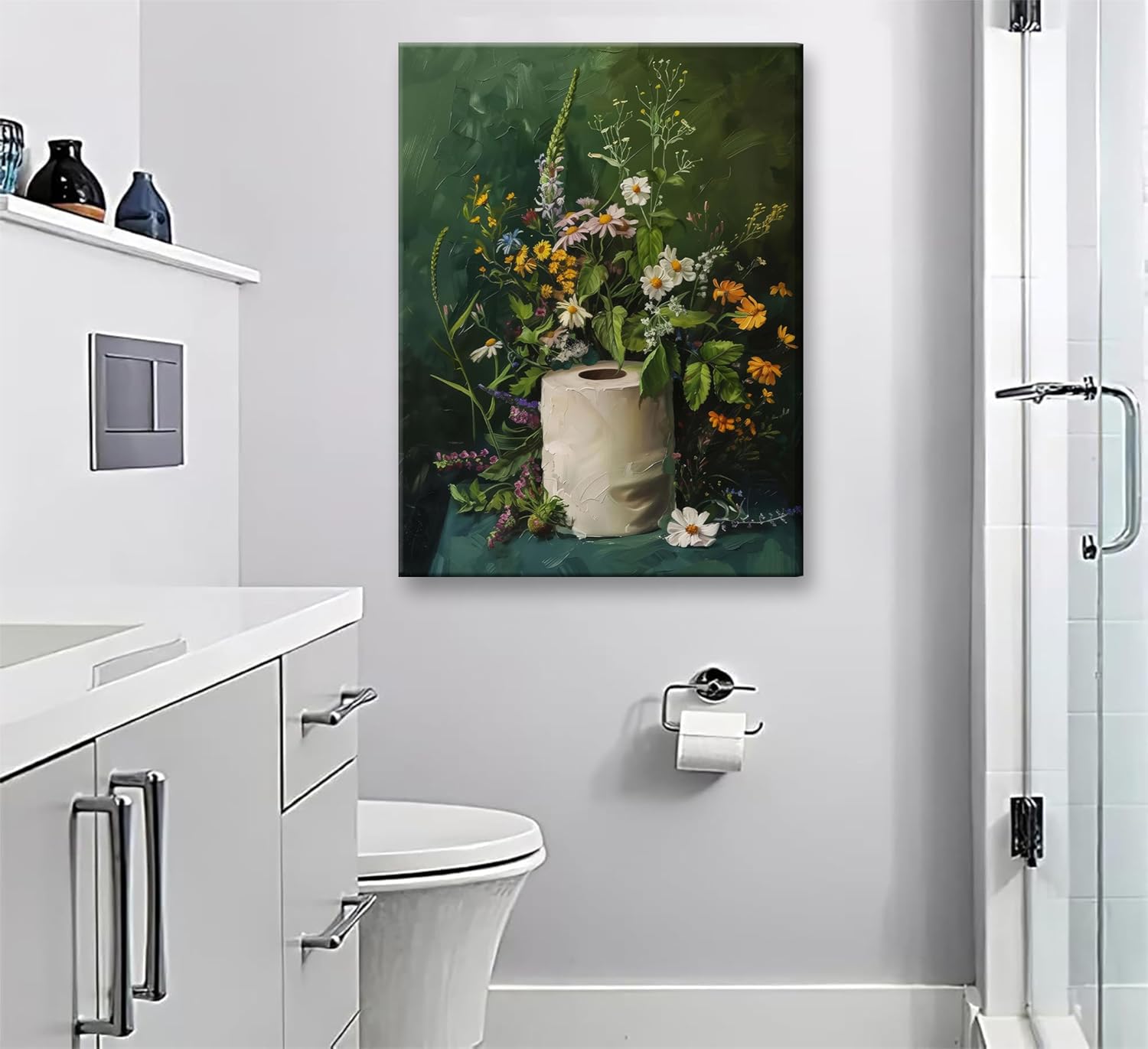 3Pcs Framed Vintage Dark Green Bathroom Wall Art Shower Toilet Paper Roll Floral Poster Print