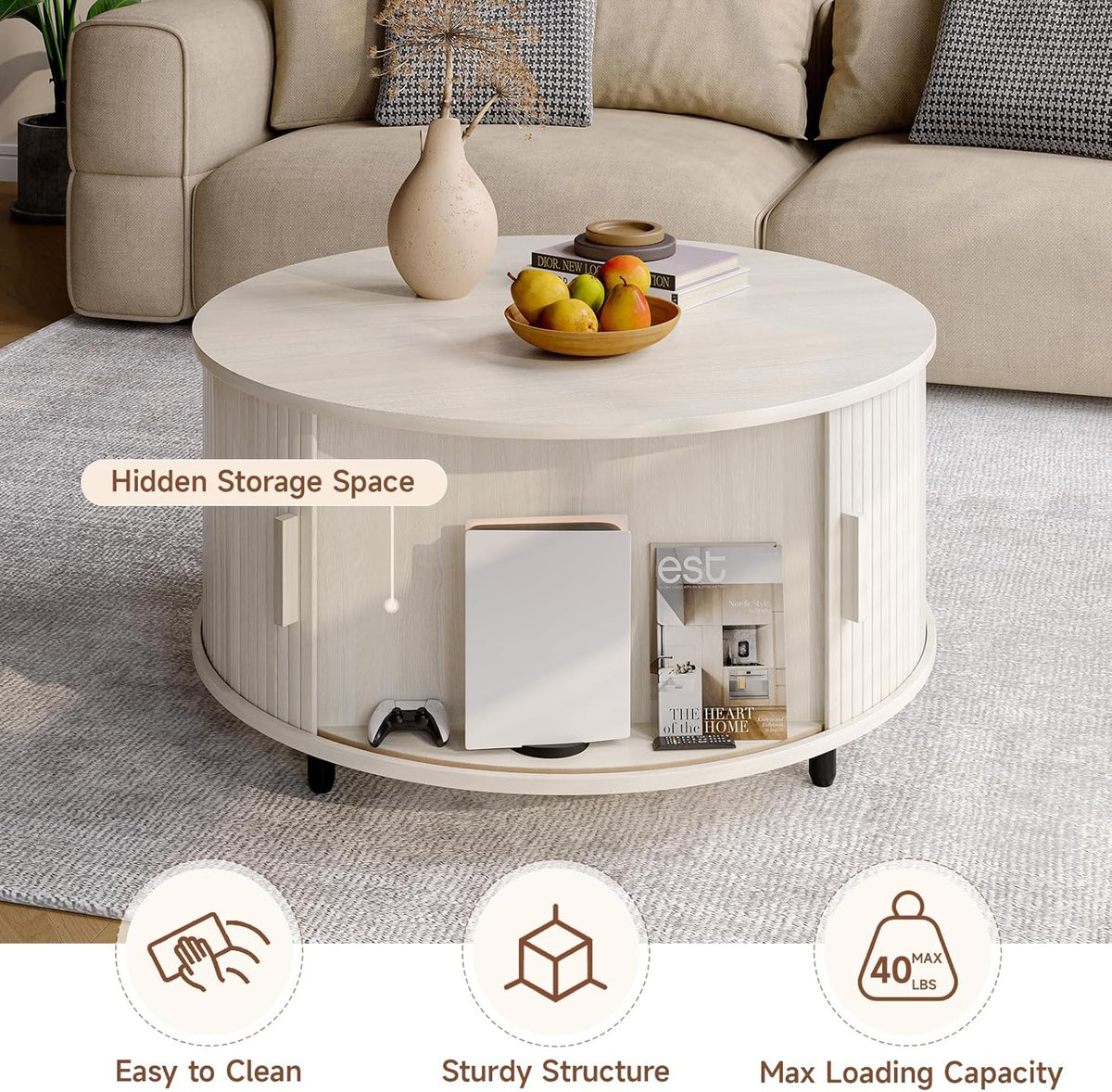 Round Coffee Table with Storage, 31.5" Modern Coffee Table with 360° Curved Sliding Door, Fluted