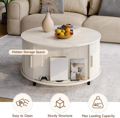 Round Coffee Table with Storage, 31.5" Modern Coffee Table with 360° Curved Sliding Door, Fluted