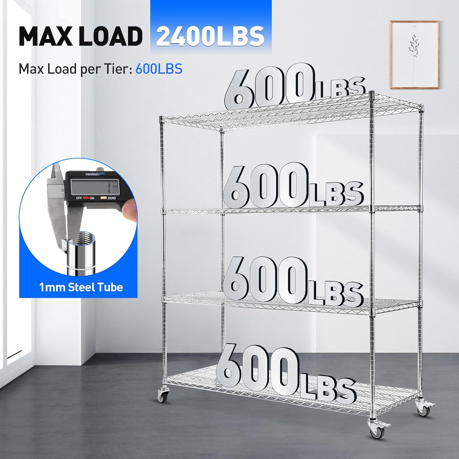 Rengue Wire Shelving with Wheels, 60"x 24"x72" Metal Storage Shelves, 4-Tier Heavy Duty Garage