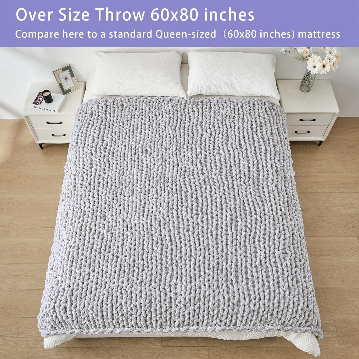 Bigacogo Chunky Knit Throw Blanket for Couch, 60x80 inches, 100% Hand Knitted with Thick Jumbo