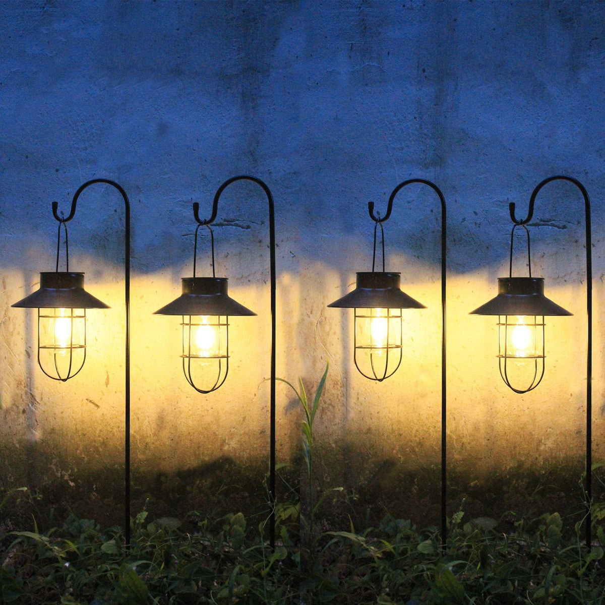 4 Pack Hanging Solar Lantern Lights with Shepherd Hook, Metal Waterproof Warm White Edison Bulb