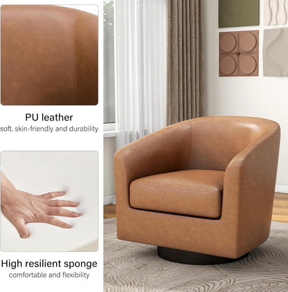 Swivel Barrel Accent Chair, Modern Round Faux Leather Arm Chair for Living Room, Bedroom, Comfy