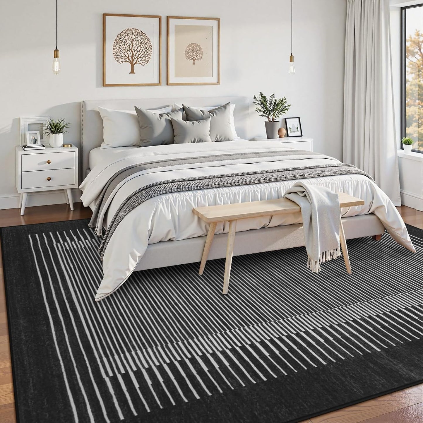 Wonnitar Striped Black Area Rugs 9x12 Living Room, Non-Slip Soft Berber Stripe Bedroom Rug, Low