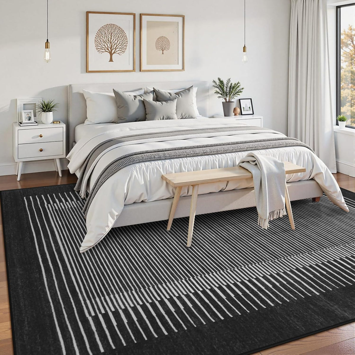 Wonnitar Striped Black Area Rugs 9x12 Living Room, Non-Slip Soft Berber Stripe Bedroom Rug, Low