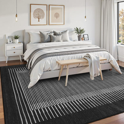 Wonnitar Striped Black Area Rugs 9x12 Living Room, Non-Slip Soft Berber Stripe Bedroom Rug, Low