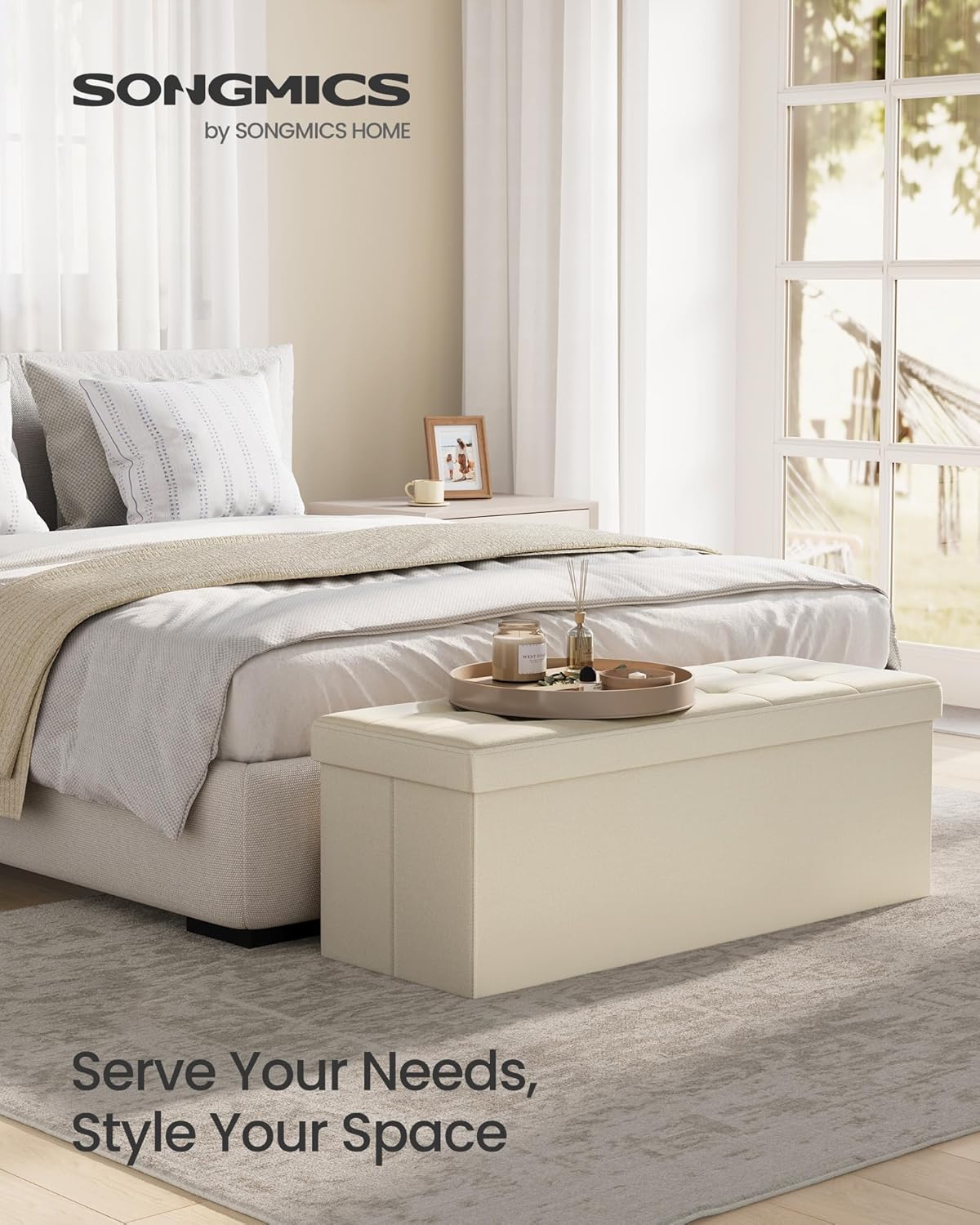 SONGMICS MAZIE Collection - 43 Inches Folding Storage Ottoman Bench, Ottoman Foot Rest, End of Bed