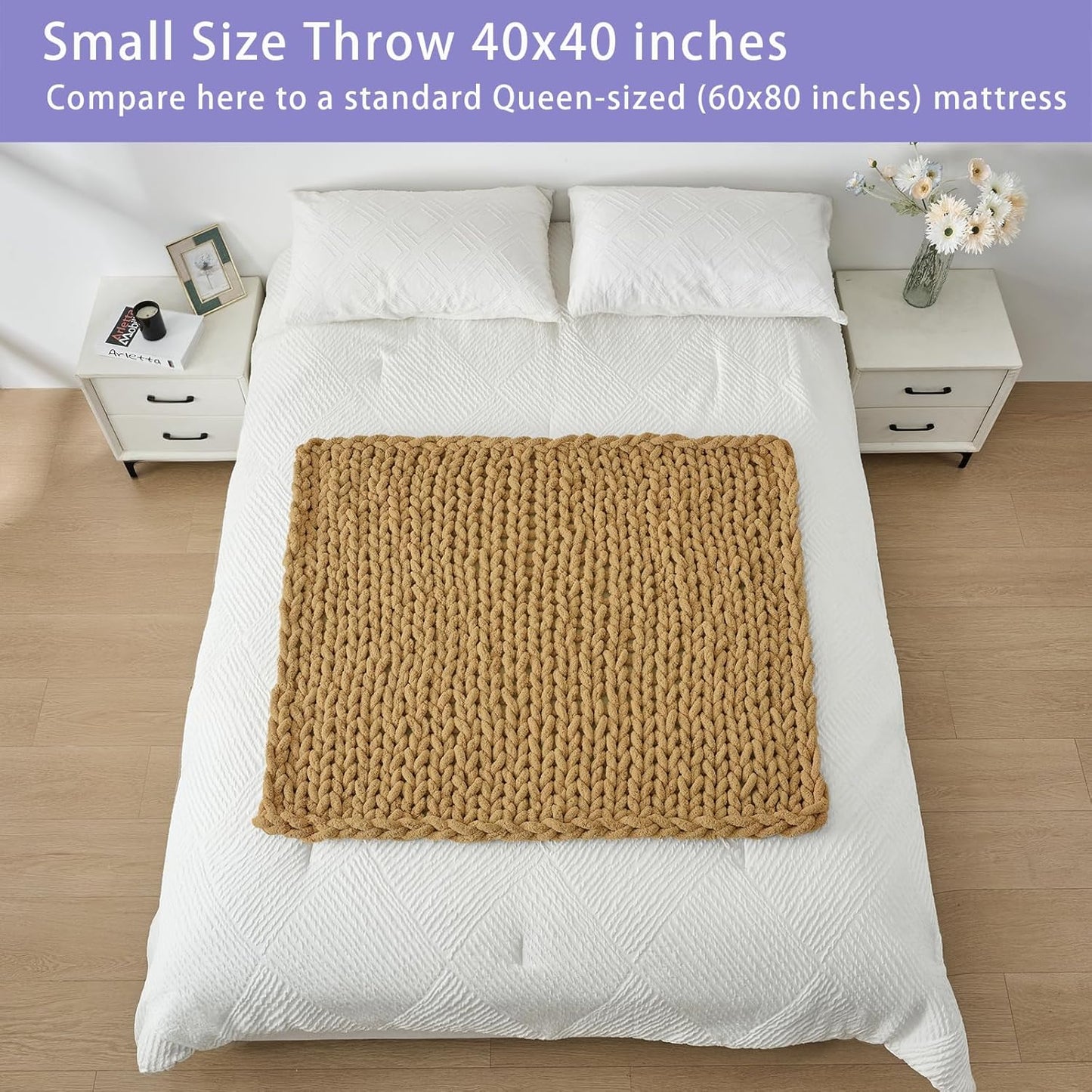 Bigacogo Chunky Knit Throw Blanket for Couch, 40x40 inches, 100% Hand Knitted with Thick Jumbo