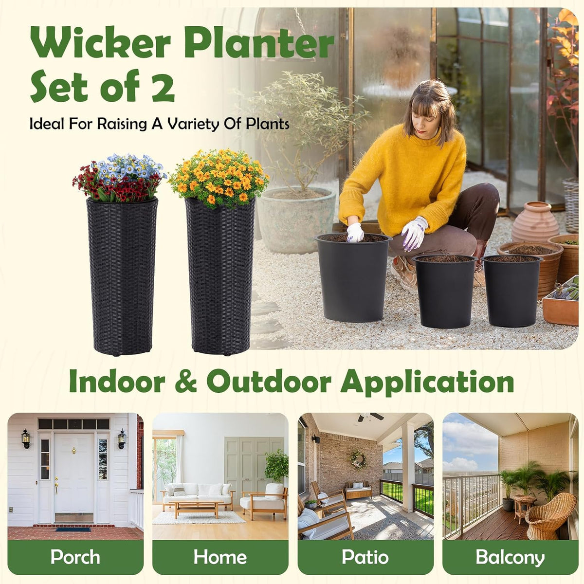 IDZO All Weather Wicker Planters for Outdoor Plants Set of 2, 24 inch Tall Black Planter for Front