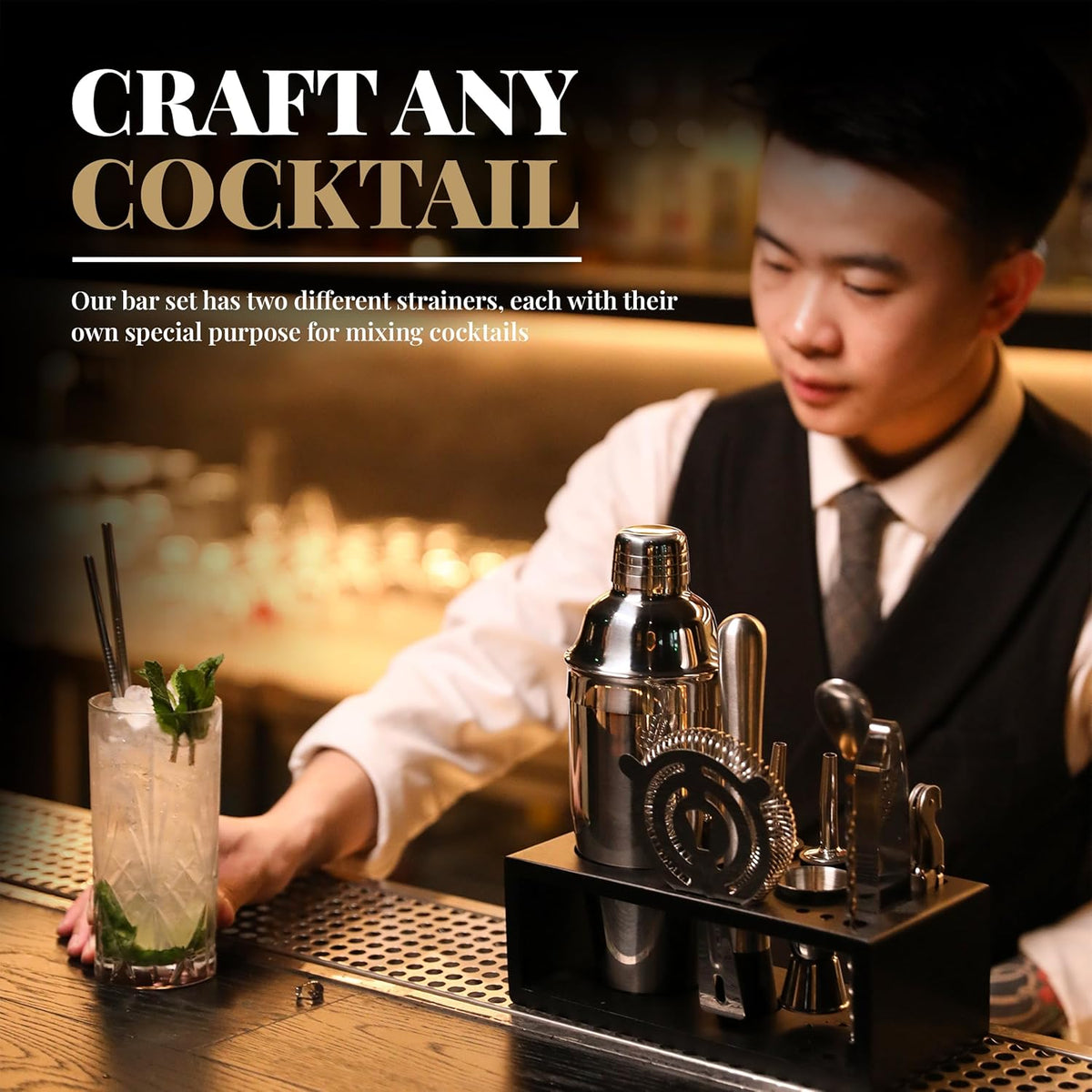 Mixology Bartender Kit with Stand - 15 Piece Bar Tool Set, Silver Bar Set Cocktail Shaker Set for