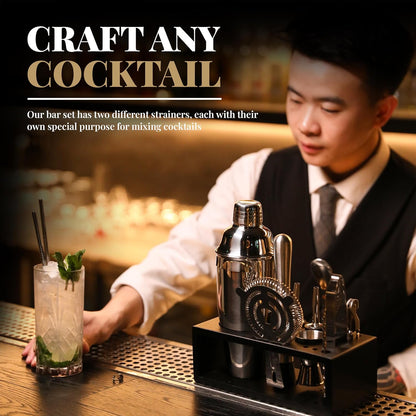 Mixology Bartender Kit with Stand - 15 Piece Bar Tool Set, Silver Bar Set Cocktail Shaker Set for