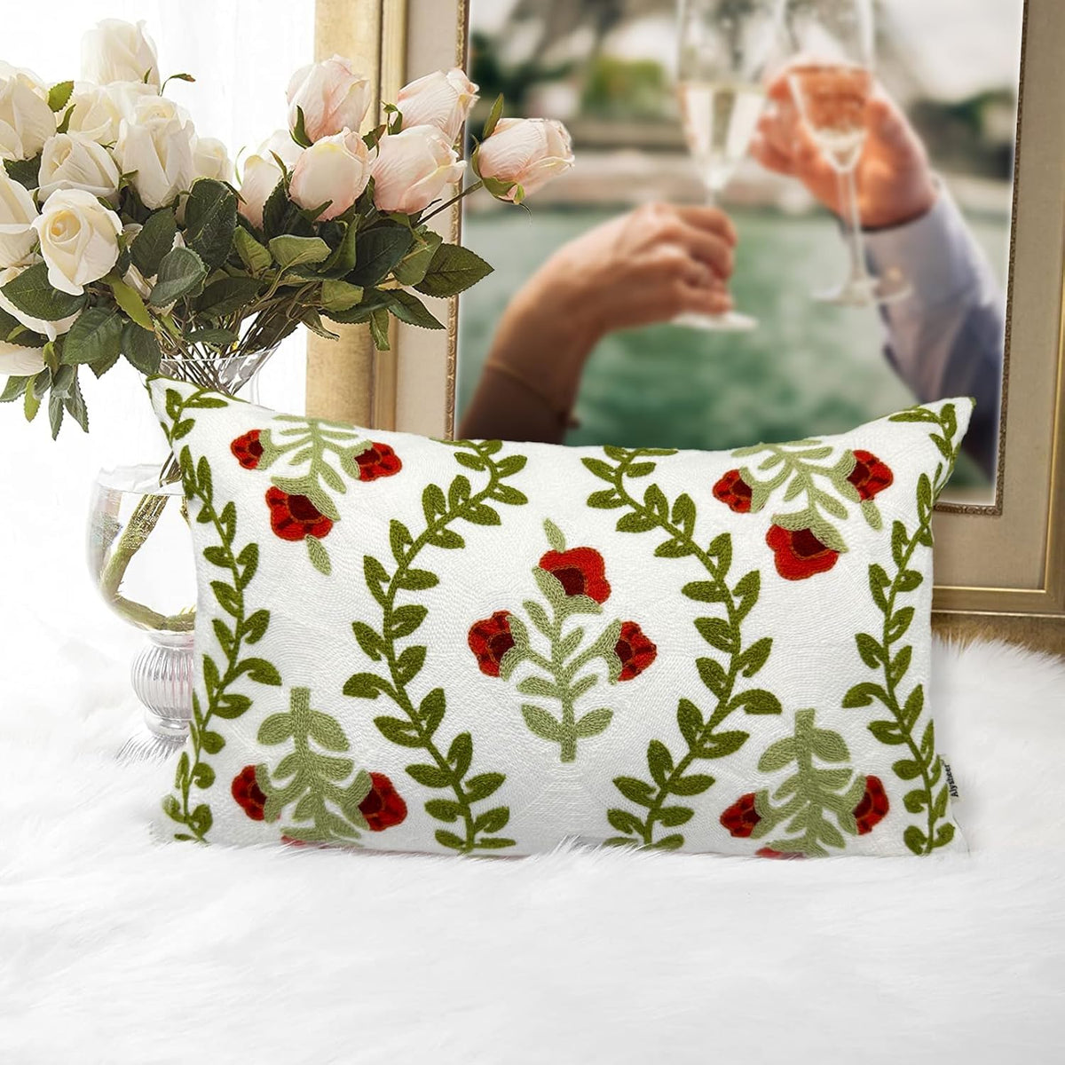 Alysheer Floral Embroidered Summer Lumbar Decorative Throw Pillow Cover 12"x 20", Farmhouse Cottage