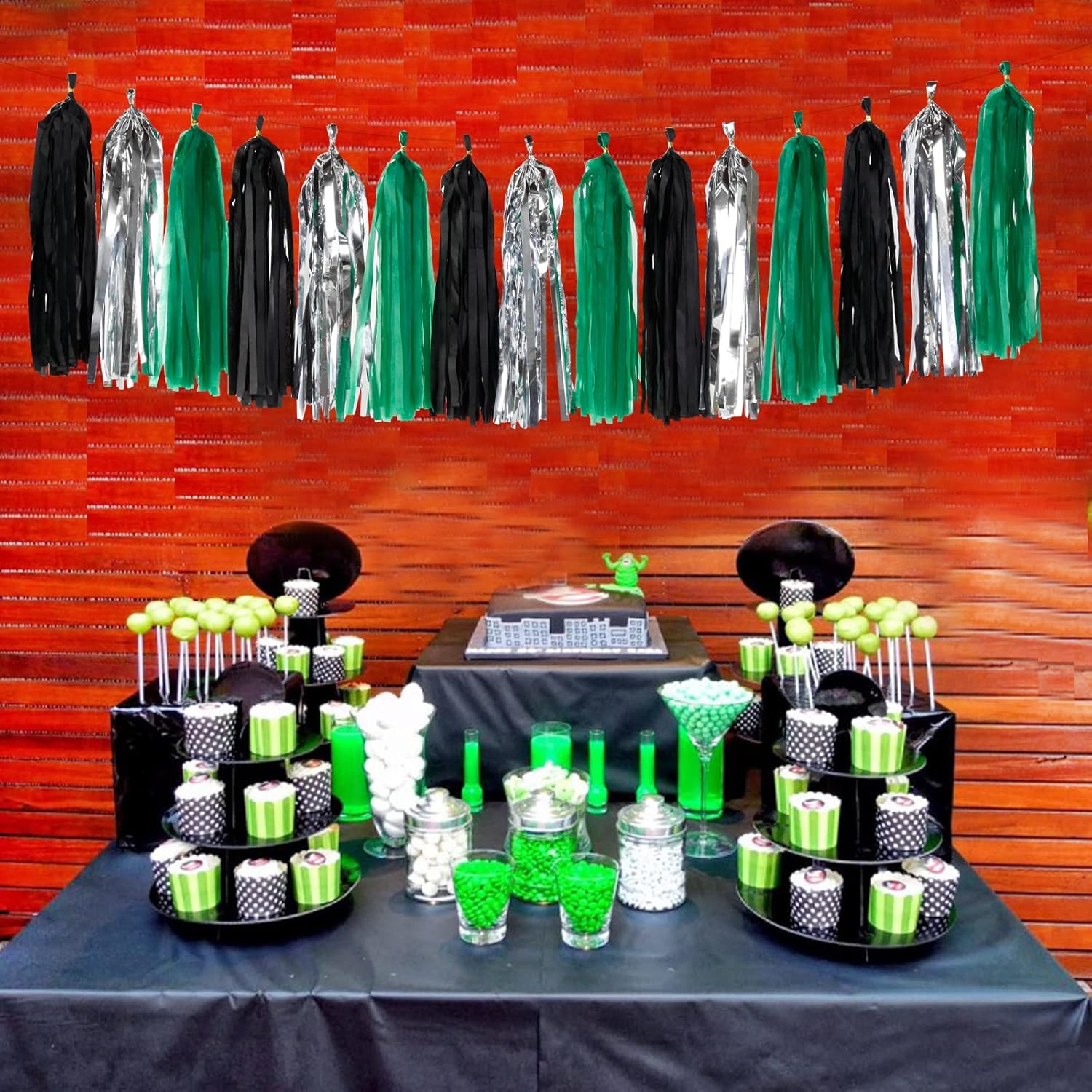 Black Green Silver Tassel Garland - 15pcs Soccer Party Supplies Tassels Graduation Backdrop