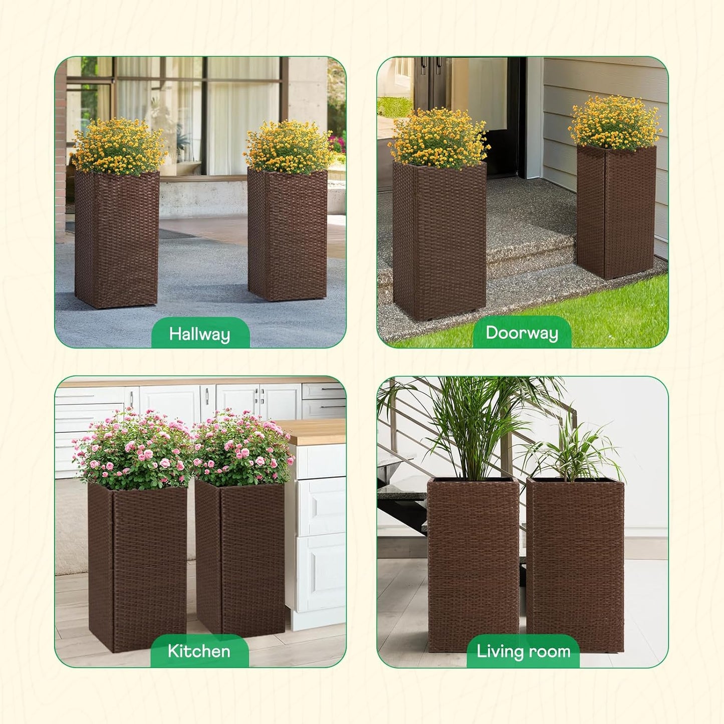 IDZO All-Weather Wicker Planters, Set of 2, 24 in Tall Wicker Planters, Self-Watering with