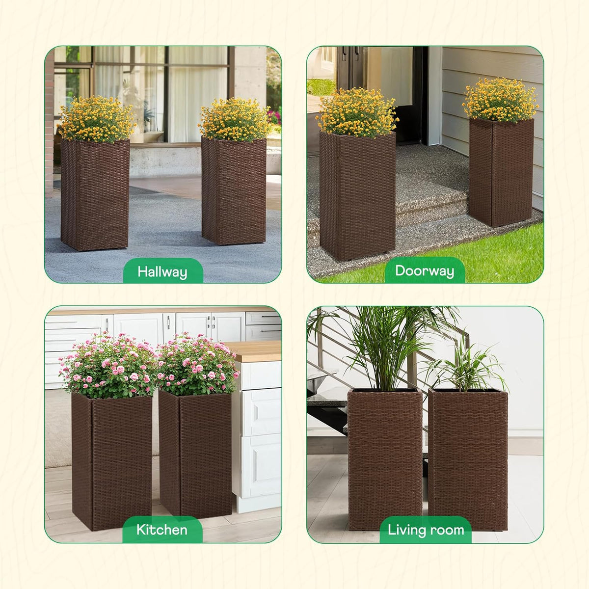 IDZO All-Weather Wicker Planters, Set of 2, 24 in Tall Wicker Planters, Self-Watering with