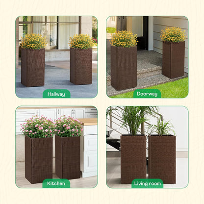 IDZO All-Weather Wicker Planters, Set of 2, 24 in Tall Wicker Planters, Self-Watering with