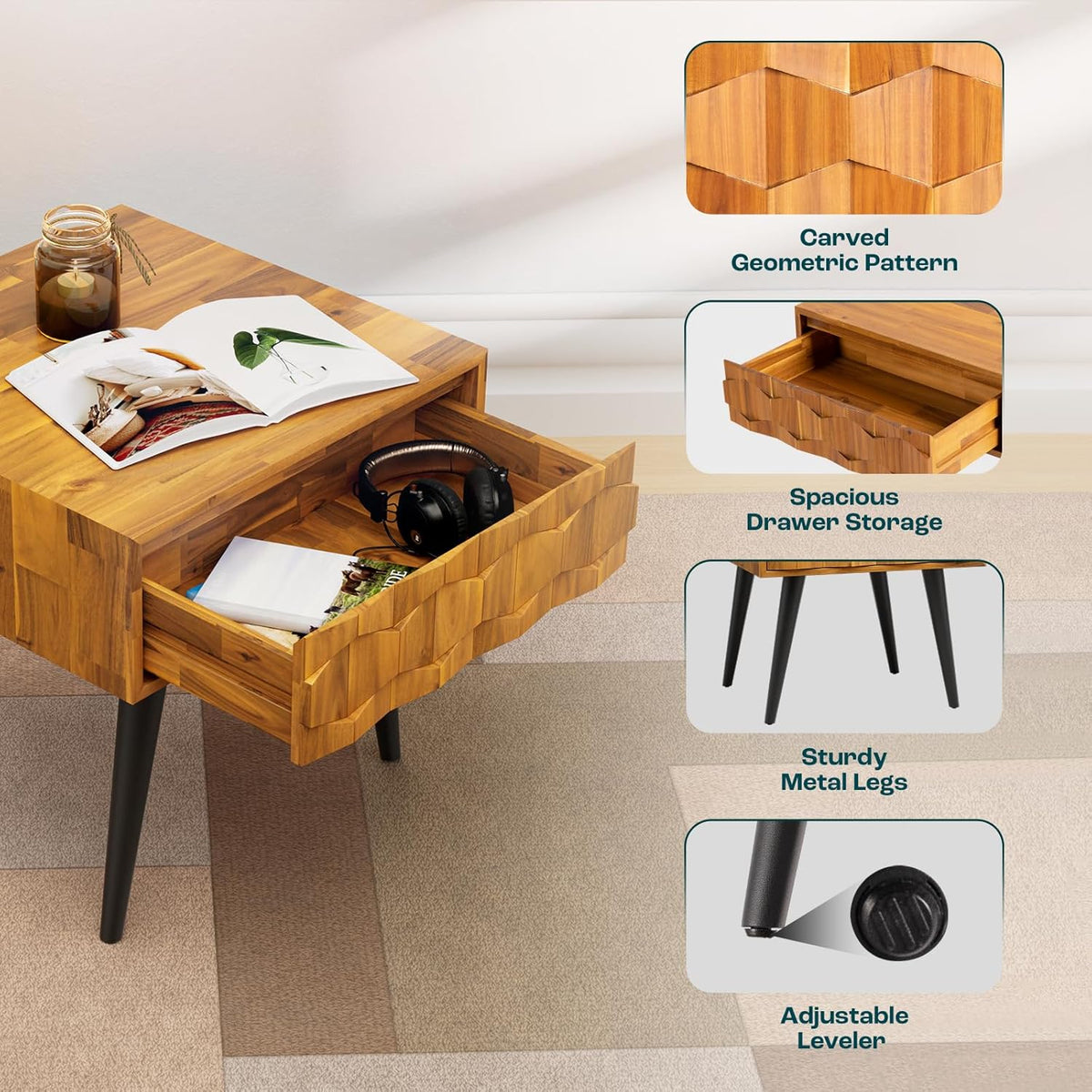 Bme Georgina Solid Wood Nightstands with Drawers - Fully Assembled Rustic Geometric Pattern Bedside