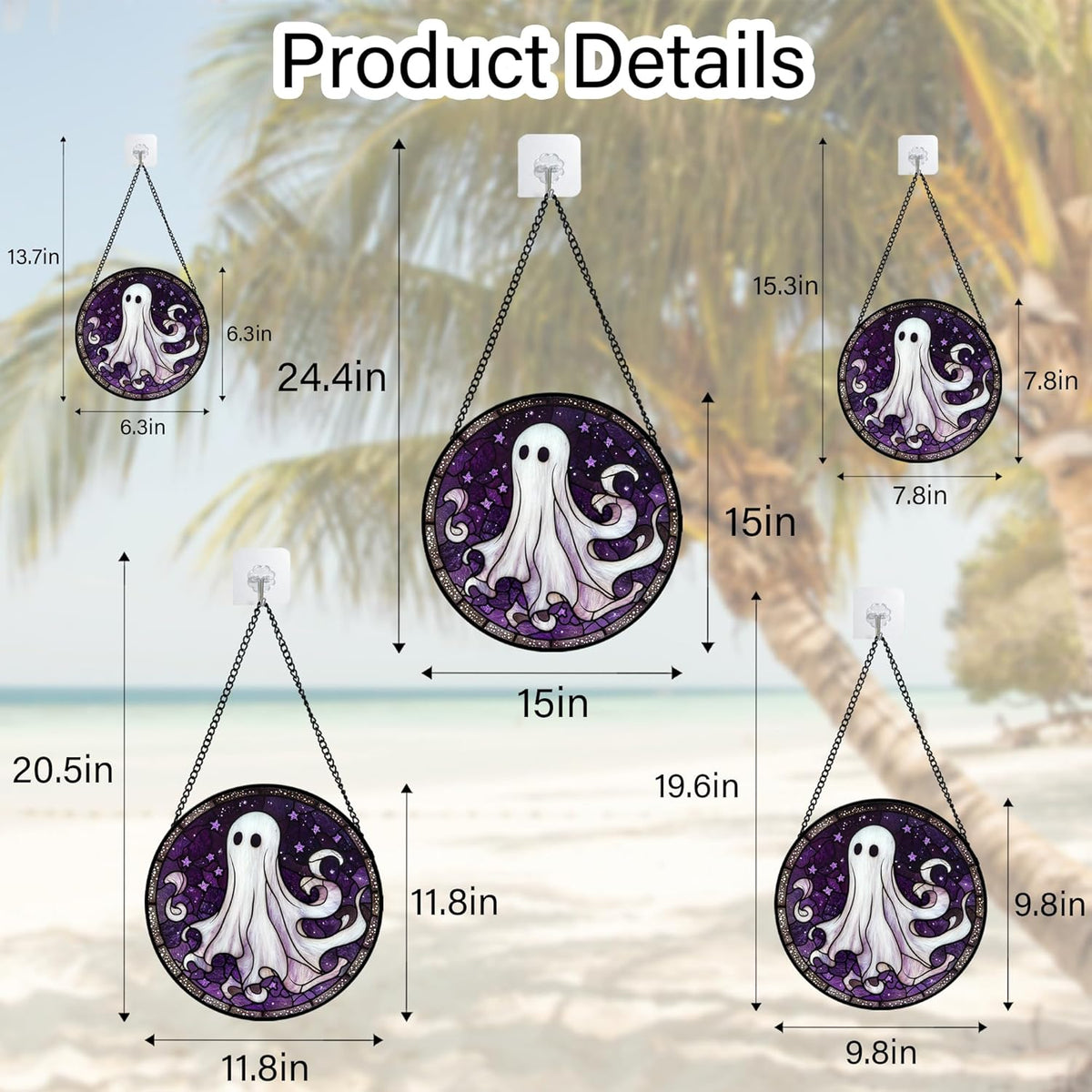 Stained Glass Window Hanging - Halloween Decorations White Ghost Purple Stars Suncatcher for Doors