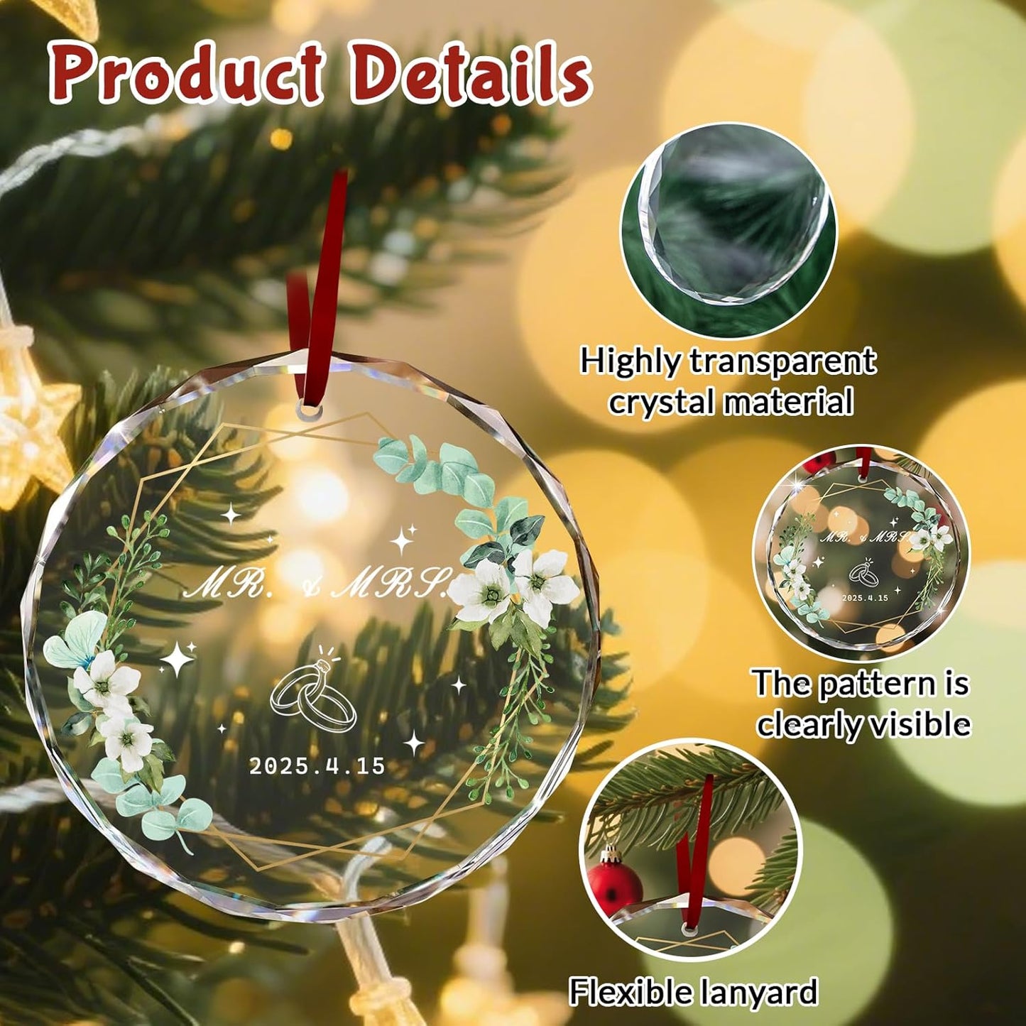 Custom Christmas Ornament Glass-Personalized Christmas Ornaments with Photo/Name/Date/Text,Wedding
