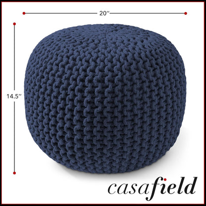 Casafield Round Pouf Ottoman, Navy Blue - 20" Diameter x 14.5" High Cotton Knit Foot Stool - Boho