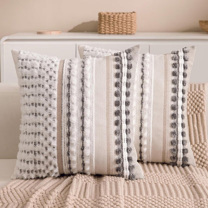 Boho Chenille Tufted Couch Throw Pillow Covers 18x18 Inch Set of 2 Farmhouse Striped Decorative