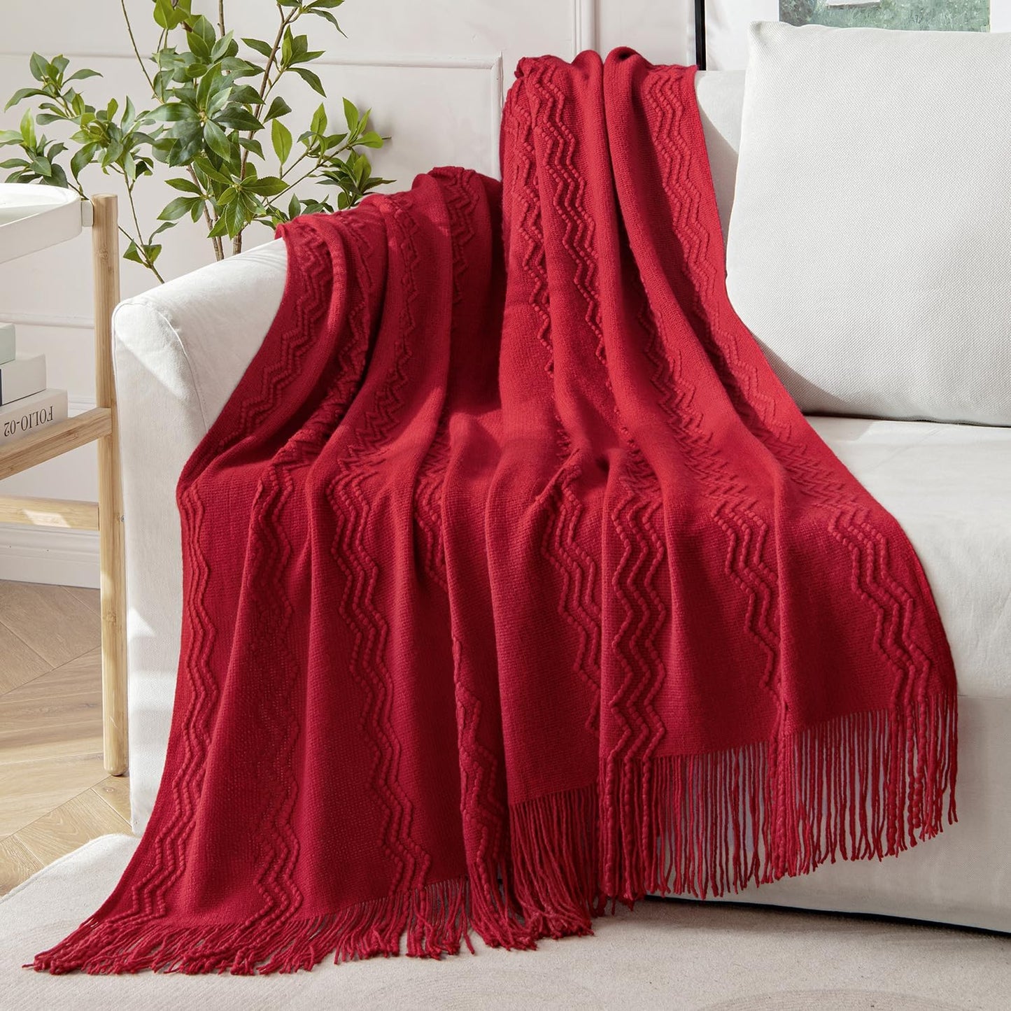 MIULEE Burgundy Red Knitted Throw Blanket for Couch Boho Textured Cozy Woven Blanket with Tassels