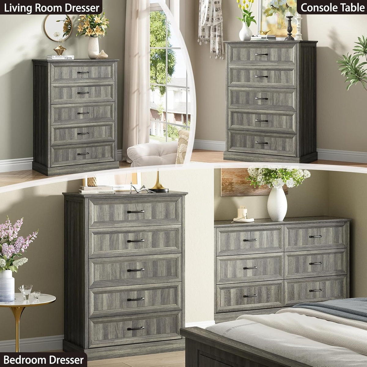 Farmhouse 5 Drawers Dresser for Bedroom, 44" Tall Grey dresser Wood Rustic Chest of Drawers with