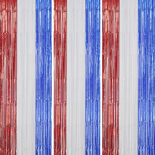 3 Pack Foil Fringe Backdrop - Red&White&Blue Shiny Tinsel Curtains for Party Decoration/Photo Booth