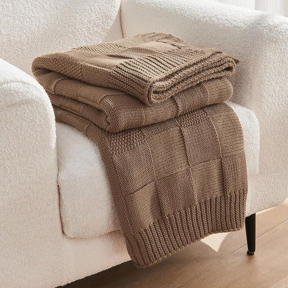 CozeCube Check Knit Throw Blanket, Light Brown Checkered Throw for Couch, Decorative Christmas Soft