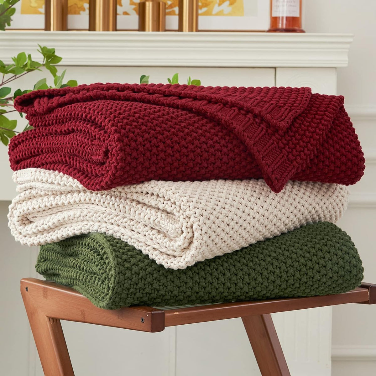 Longhui bedding Chunky Cable Knit Throw Blanket Lightweight Burgundy 100% Organic Cotton Blanket