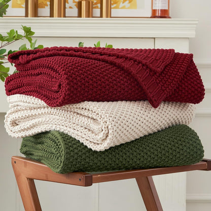 Longhui bedding Chunky Cable Knit Throw Blanket Lightweight Burgundy 100% Organic Cotton Blanket