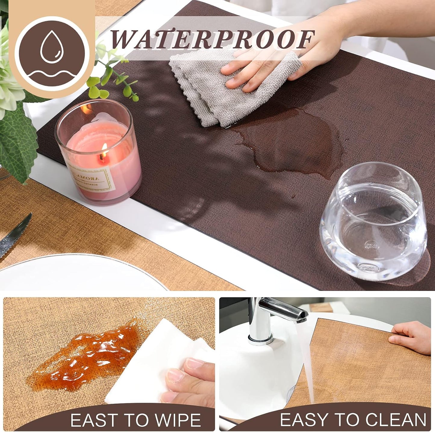 SUEH DESIGN Leather Placemats Set of 6 Reversible Table Mats Heat Resistant Waterproof No-Slip