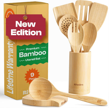 Riveira Natural Bamboo Wooden Cooking Utensils Set of 9 Premium Quality Non-Toxic Wooden Spoons and