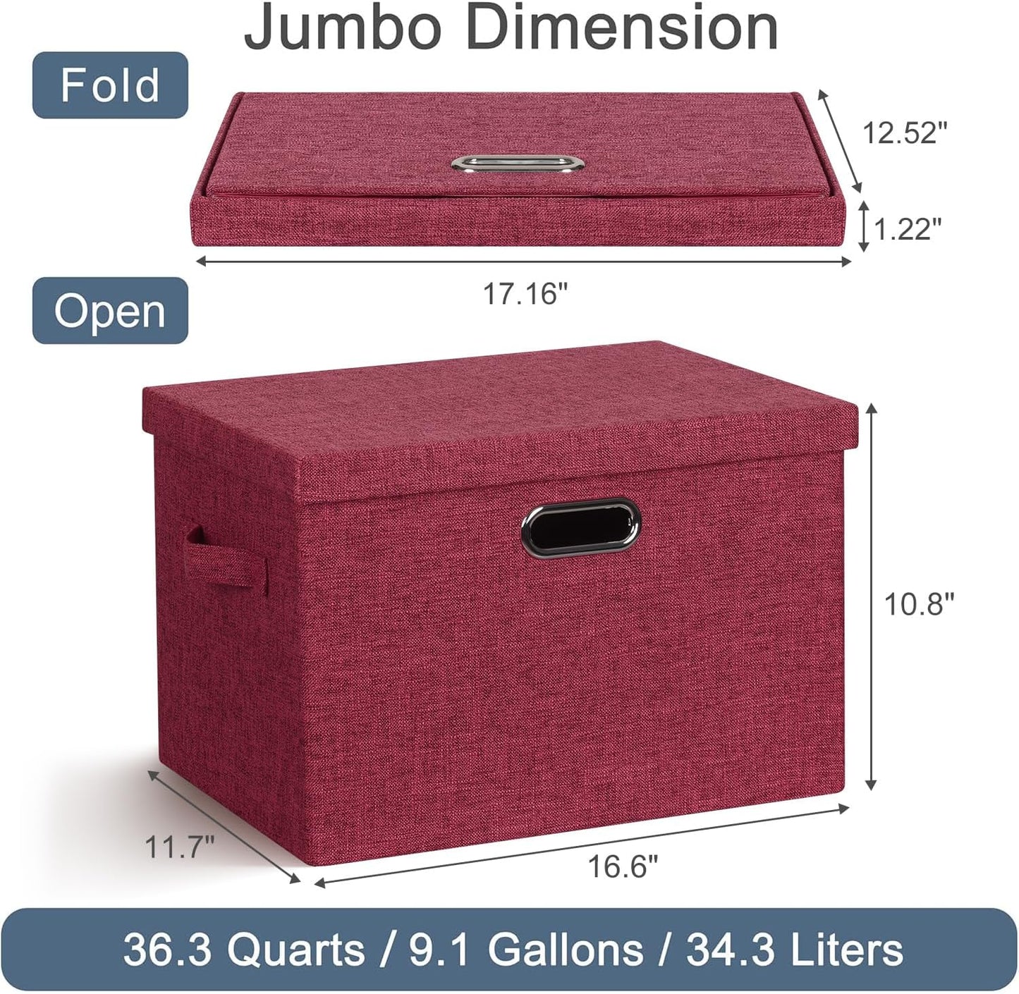 Large 17" 36 Quart Collapsible Stackable Storage Bins with Lids, 3 Packs Bright Red Linen Fabric