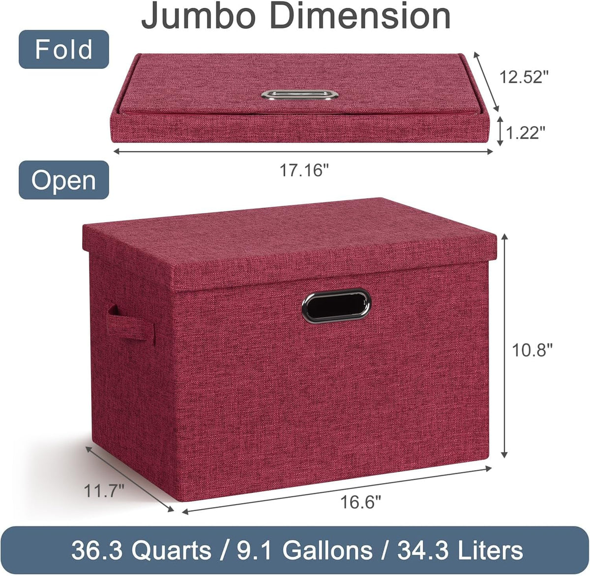 Large 17" 36 Quart Collapsible Stackable Storage Bins with Lids, 3 Packs Bright Red Linen Fabric