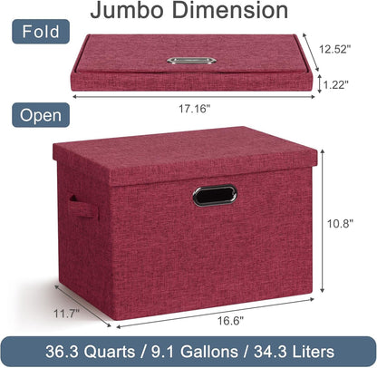 Large 17" 36 Quart Collapsible Stackable Storage Bins with Lids, 3 Packs Bright Red Linen Fabric