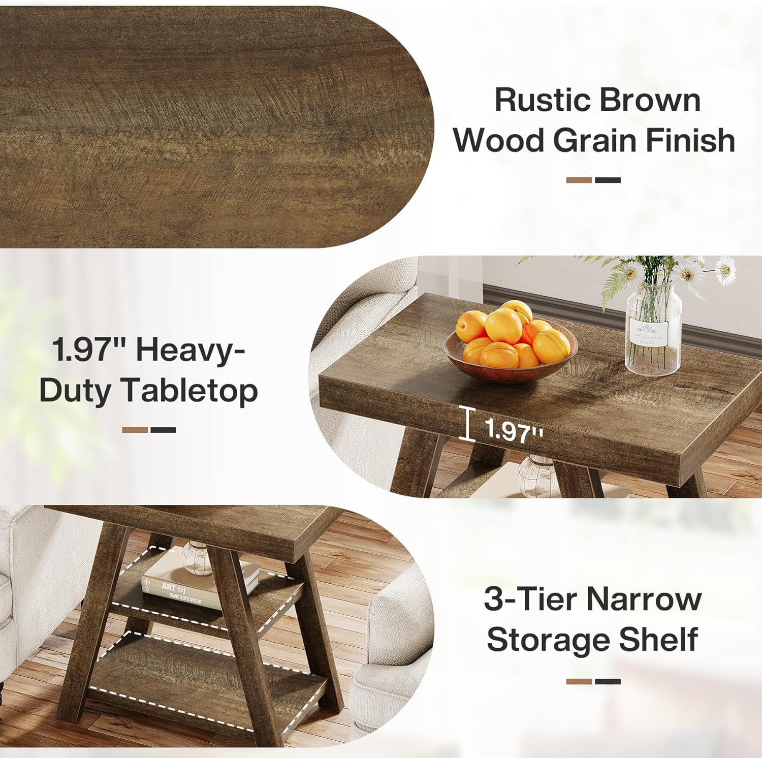 Tribesigns Small Wood End Table, 3-Tier Farmhouse Narrow Couch Side Table with Storage, Vintage