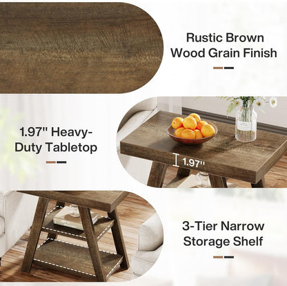 Tribesigns Small Wood End Table, 3-Tier Farmhouse Narrow Couch Side Table with Storage, Vintage