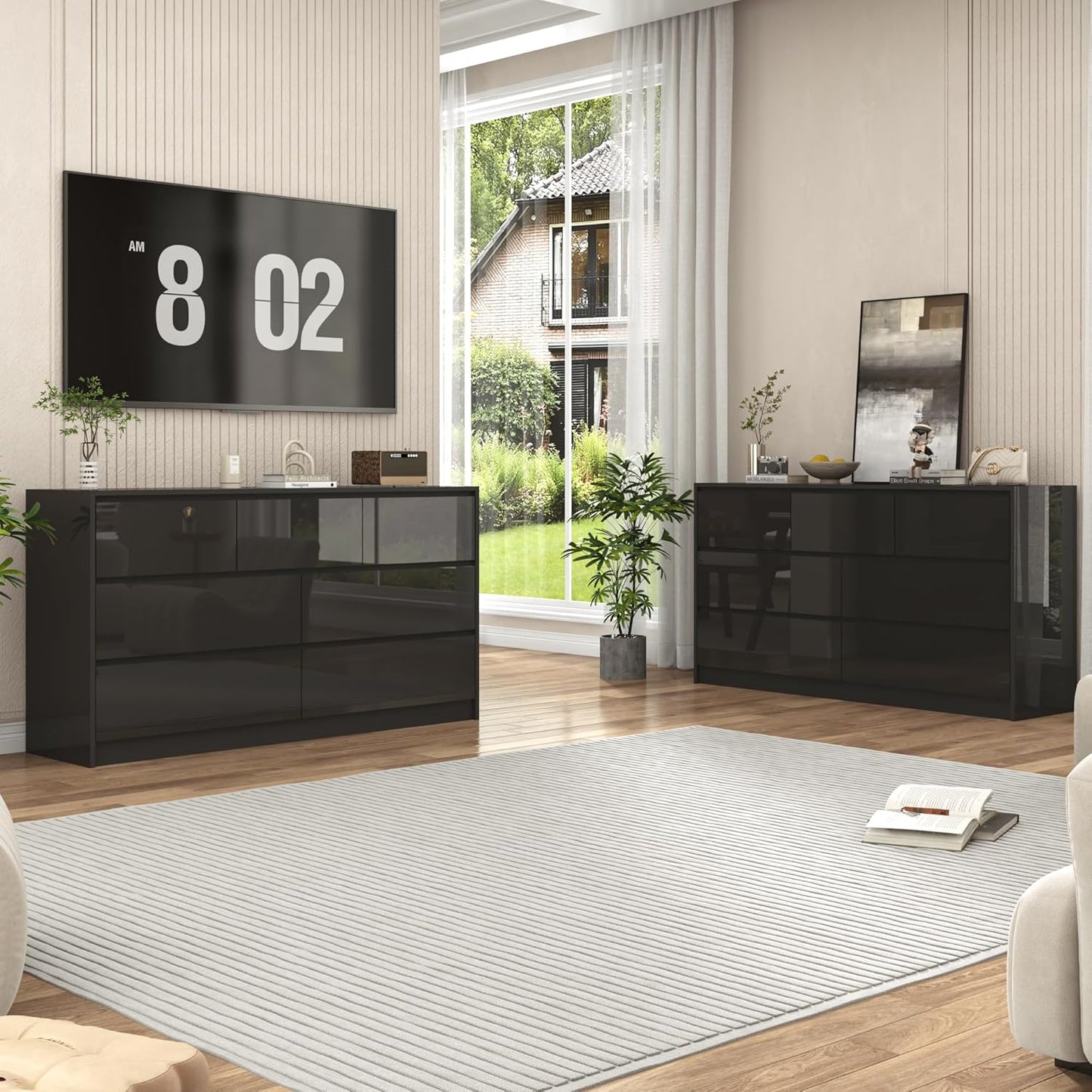 Black Malm Dresser for Bedroom, 55 Inch Long High Gloss Dresser with 7 Drawers, Modern Large Wood