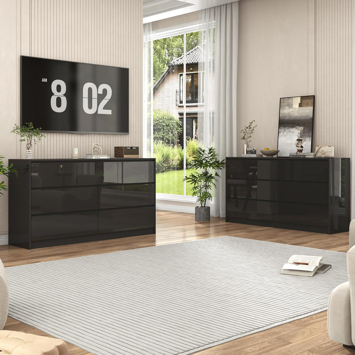 Black Malm Dresser for Bedroom, 55 Inch Long High Gloss Dresser with 7 Drawers, Modern Large Wood