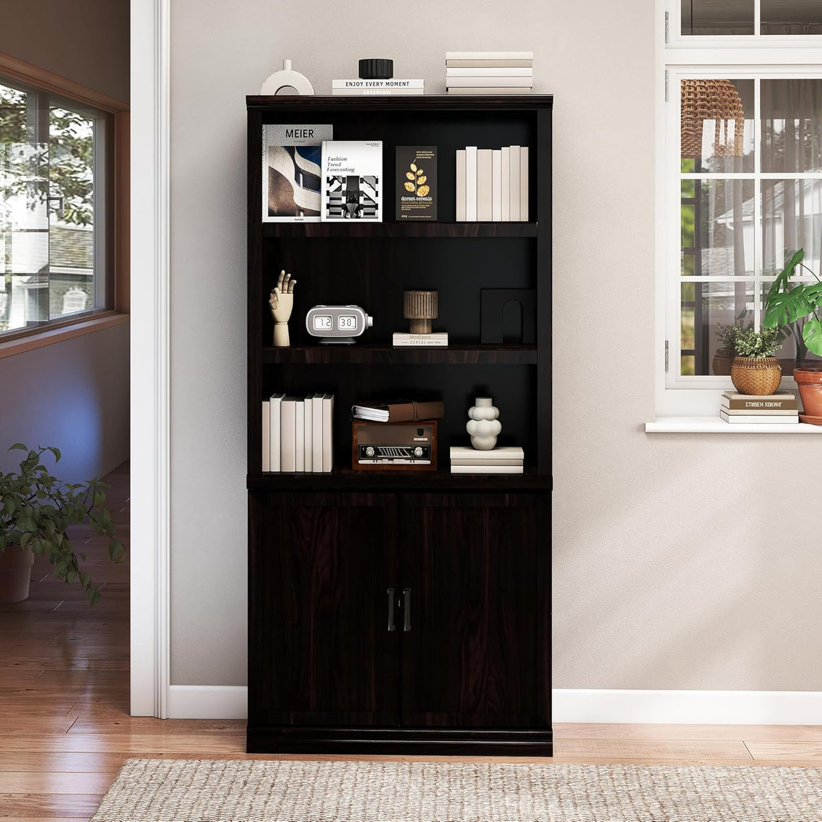 70 Inch Tall Bookcase with Doors, Library Office Bookshelf with Adjustable Shelves, Floor Standing