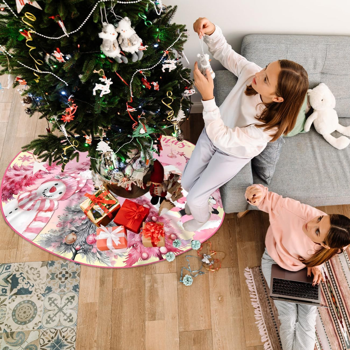 Pink Christmas Tree Skirt 48 Inch Pink Christmas Decorations Merry Christmas Santa Snowman Tree