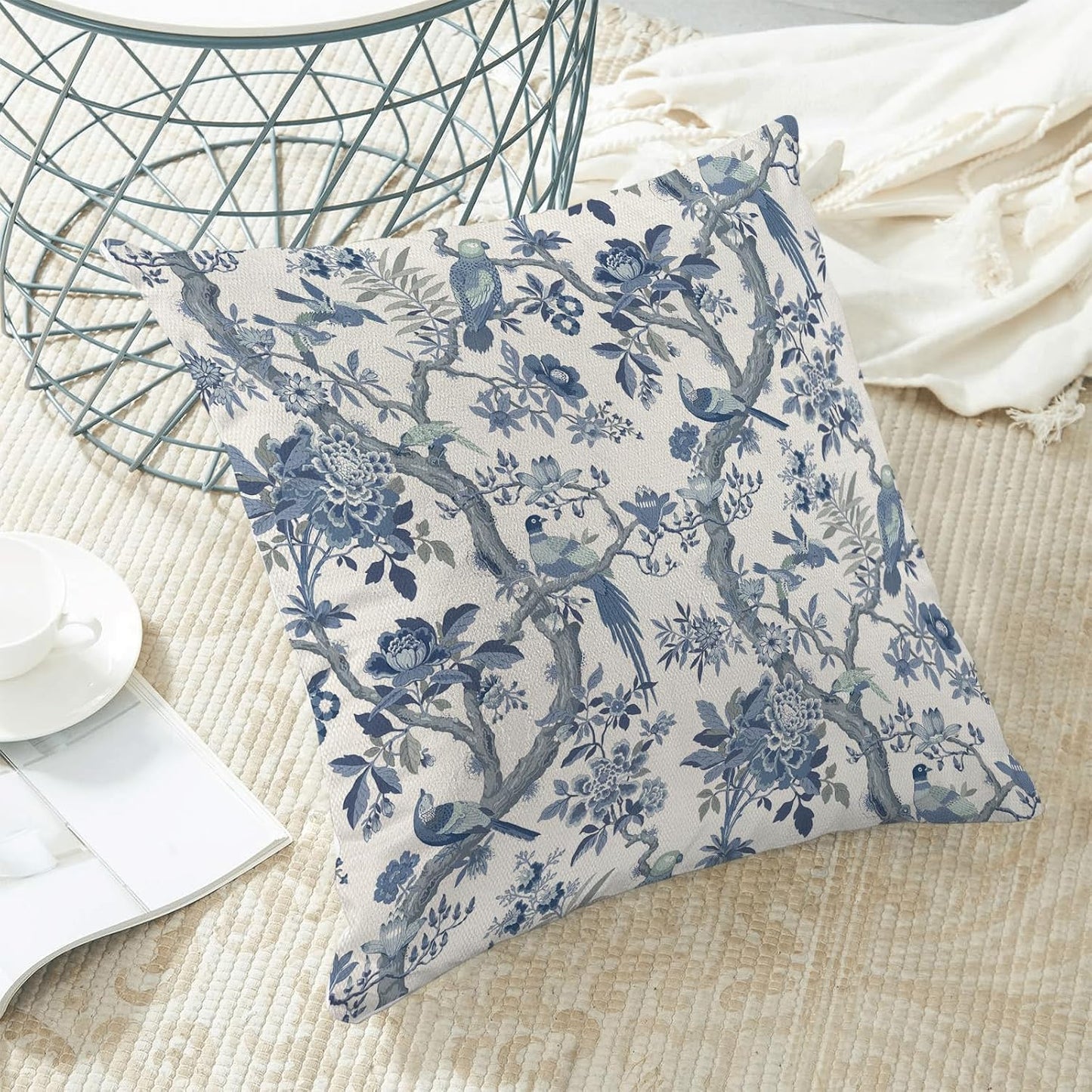 CXMEIFLY Spring Pillow Covers 18 x 18 Inch Set of 2 for Navy Blue Chinoiserie Flowers Bird Decor