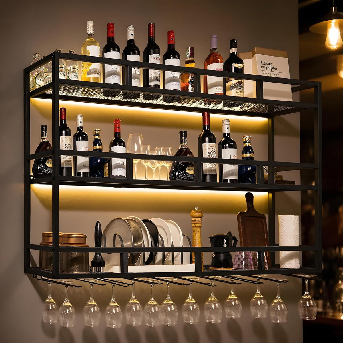 59" Large Wine Rack Wall Mounted with Bottle Glass Holder, 3-Tiers Metal Liquor Floating Shelves