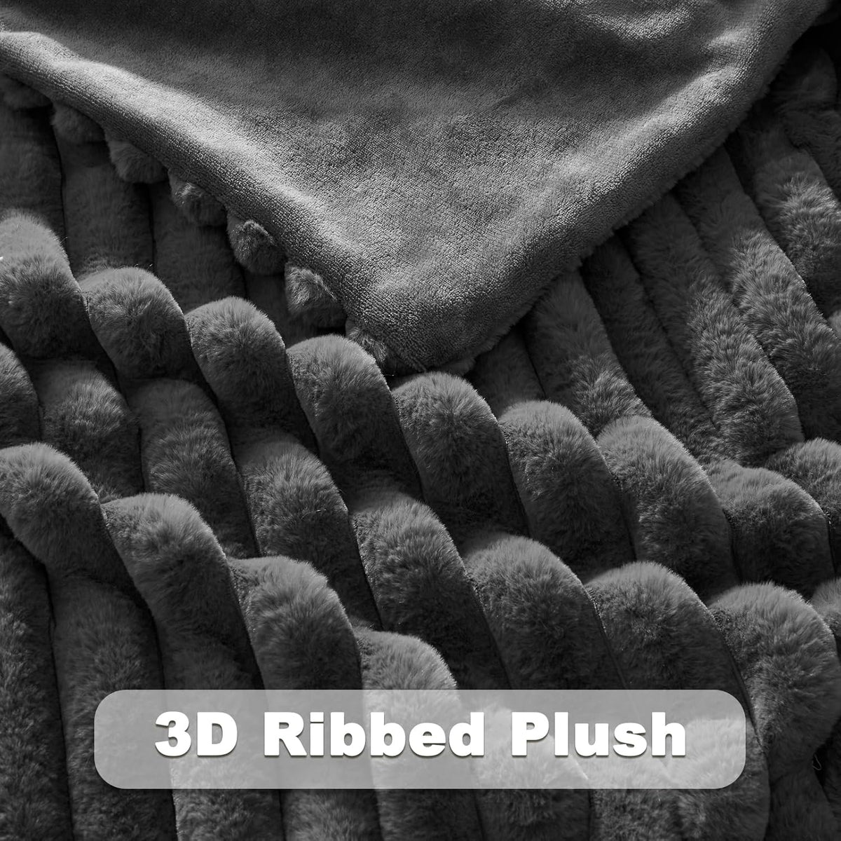 NEWCOSPLAY Faux Fur Throw Blanket Grey 3D Ribbed Plush Thick Warm Blanket for Couch Sofa Bed 850GSM