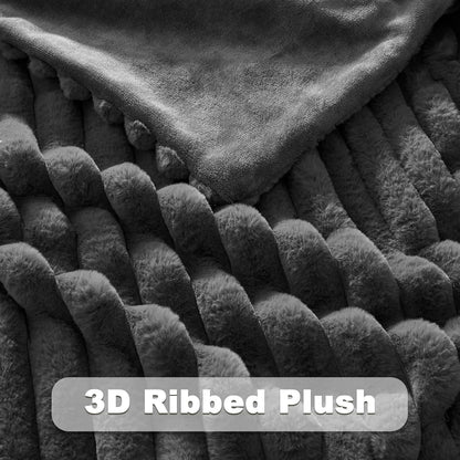 NEWCOSPLAY Faux Fur Twin Blanket Grey 3D Ribbed Plush Thick Warm Blanket for Couch Sofa Bed 850GSM