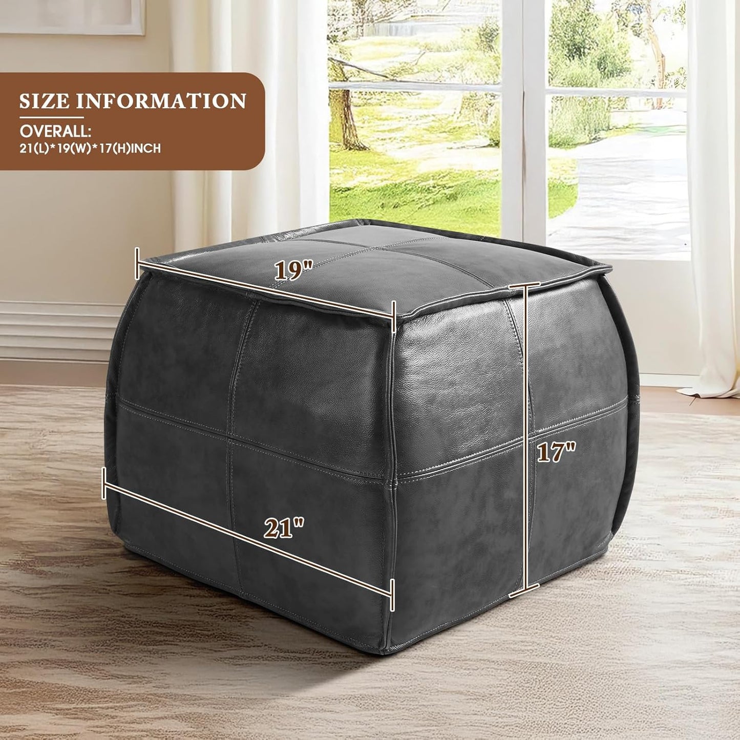 Leather Ottoman,Handmade Stuffed Square Ottoman,Genuine Leather Pouf, Foot Rest Pouf,Comfortable