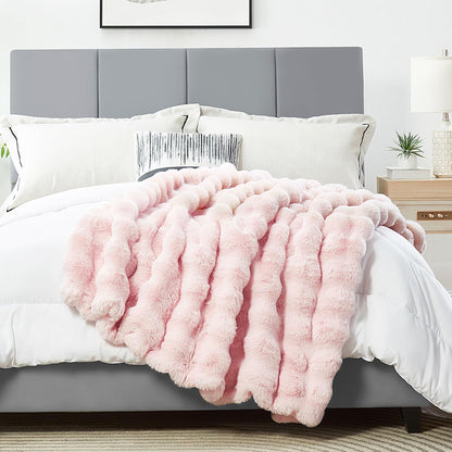 DREAMNINE Large Soft Thick Fuzzy Bubble Faux Rabbit Fur Bed Blanket Queen Size - 80" x 90", Big