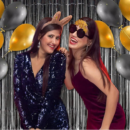 BRAVESHINE Black Halloweens Party Foil Fringe Curtains - 2 Pack Metallic Tinsel Photo Booth