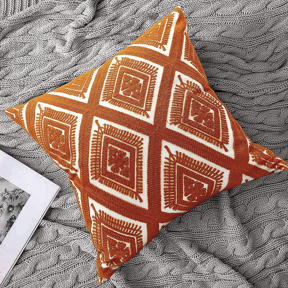 Alysheer Embroidered Decorative Throw Pillow Covers 18x18 inches Set of 2 Pieces, Boho Geometric